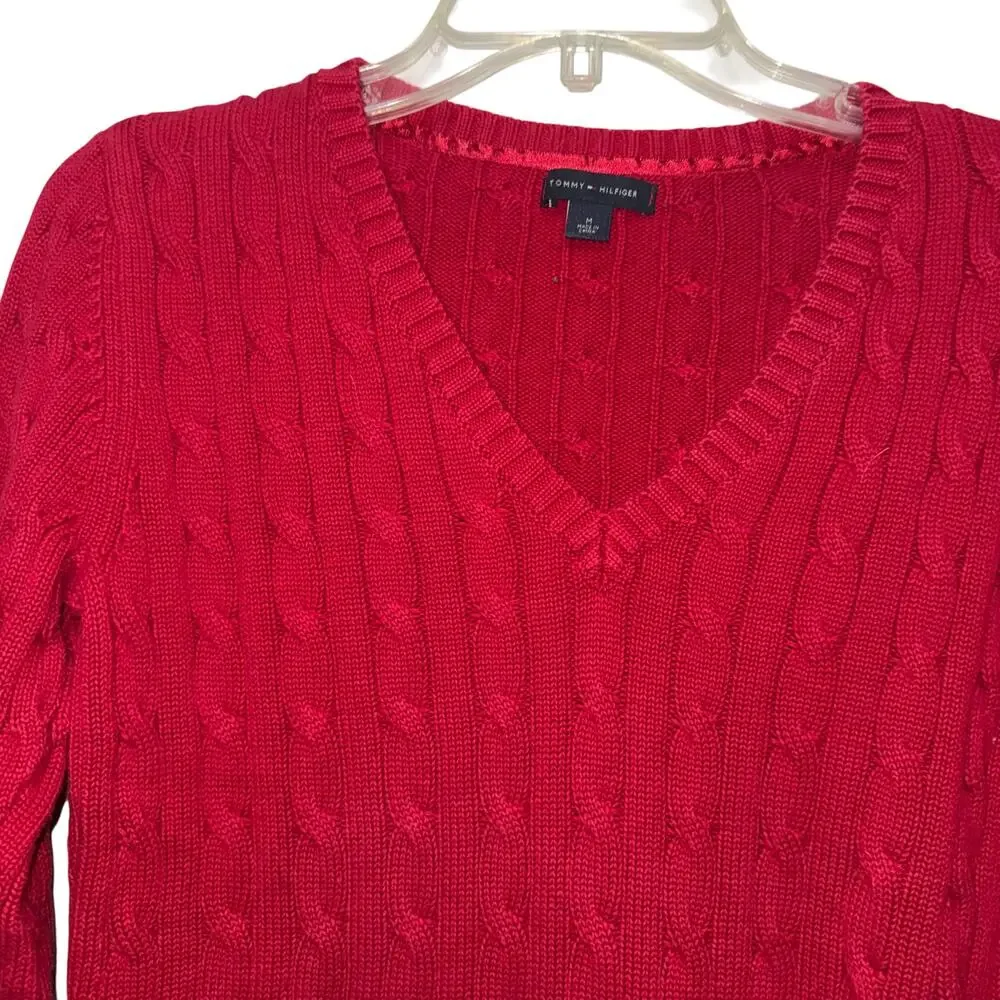 Vintage Tommy Hilfiger Womens Red V Neck Cable Knit Cotton Sweater Preppy MED - Picture 6 of 7